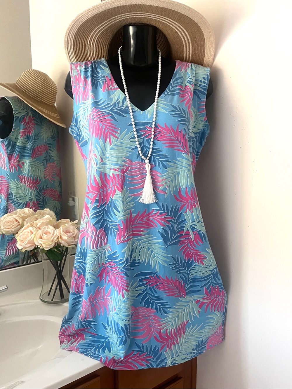 BARBARA GERWIT Floral Women’s Dress XL Blue Pink Sleeveless Sundress Cotton